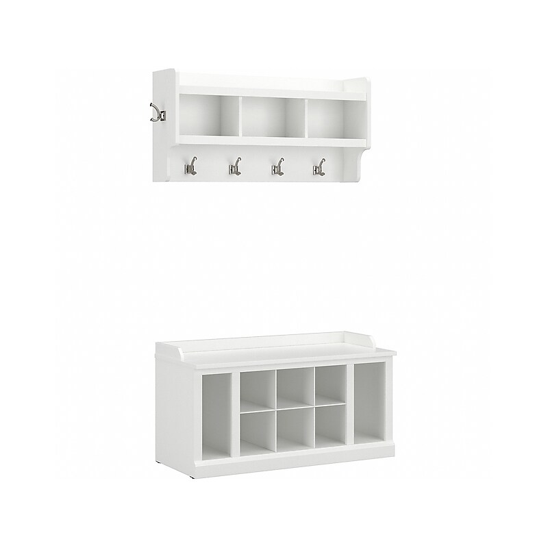 Bush Furniture Woodland 40W Shoe Storage Bench with Shelves and Wall Mounted Coat Rack, White Ash (WDL004WAS) image 1
