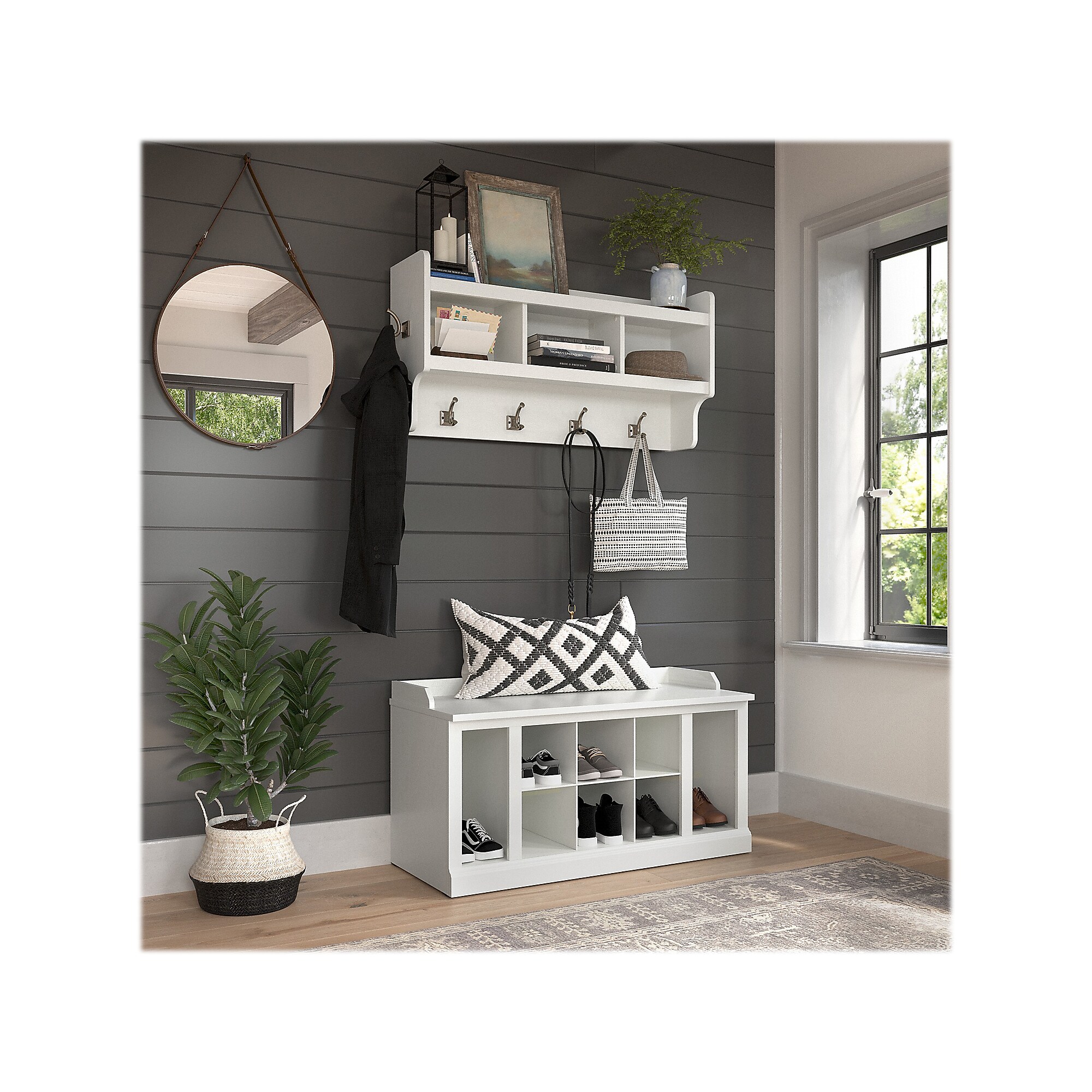 Bush Furniture Woodland 40W Shoe Storage Bench with Shelves and Wall Mounted Coat Rack, White Ash (WDL004WAS) Sansujyuku sansujyuku.com