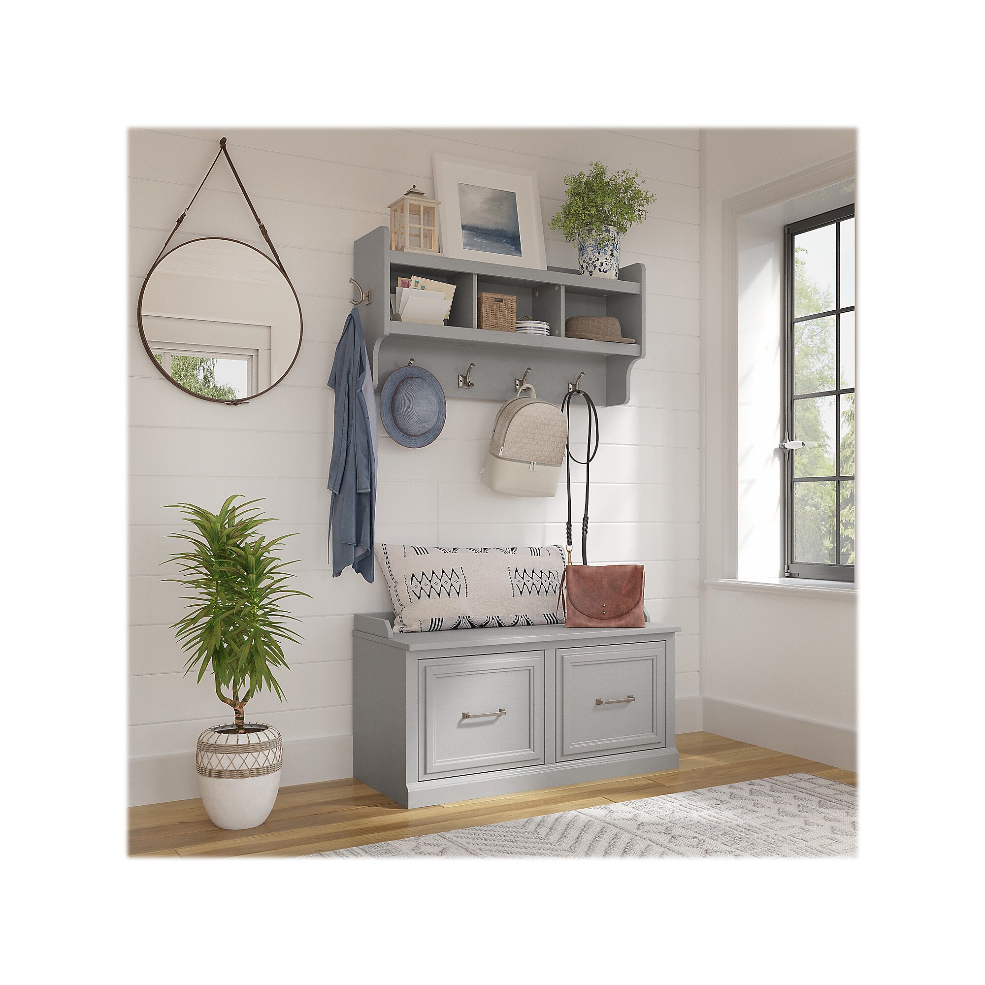 Bush Furniture Woodland 40W Shoe Storage Bench with Doors and Wall Mounted Coat Rack, Cape Cod Gray (WDL003CG) Sansujyuku sansujyuku.com