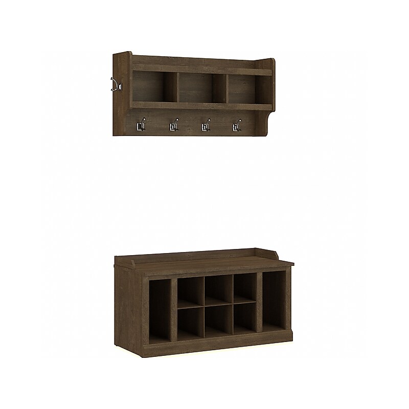 Bush Furniture Woodland 40W Shoe Storage Bench with Shelves and Wall Mounted Coat Rack, Ash Brown (WDL004ABR) image 1