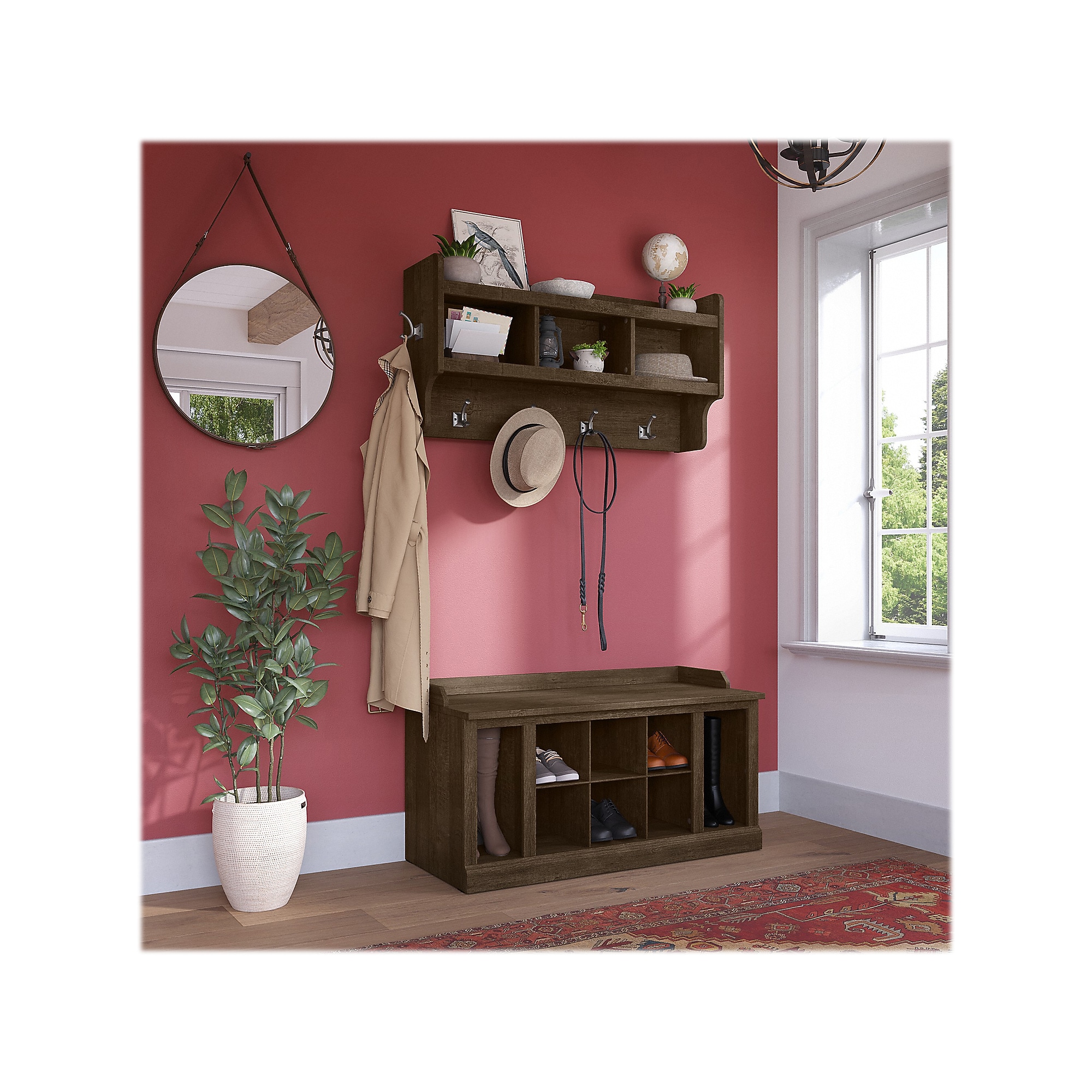 Bush Furniture Woodland 40W Shoe Storage Bench with Shelves and Wall Mounted Coat Rack, Ash Brown (WDL004ABR) Sansujyuku sansujyuku.com