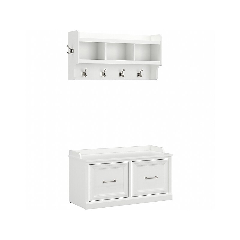 Bush Furniture Woodland 40W Shoe Storage Bench with Doors and Wall Mounted Coat Rack, White Ash (WDL003WAS) image 1