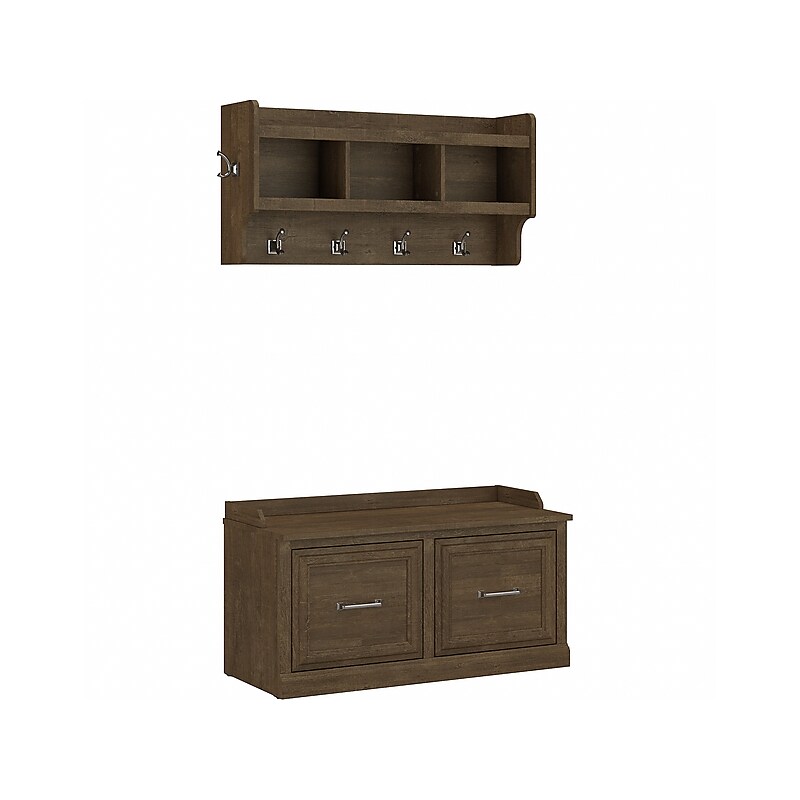 Bush Furniture Woodland 40W Shoe Storage Bench with Doors and Wall Mounted Coat Rack, Ash Brown (WDL003ABR) image 1