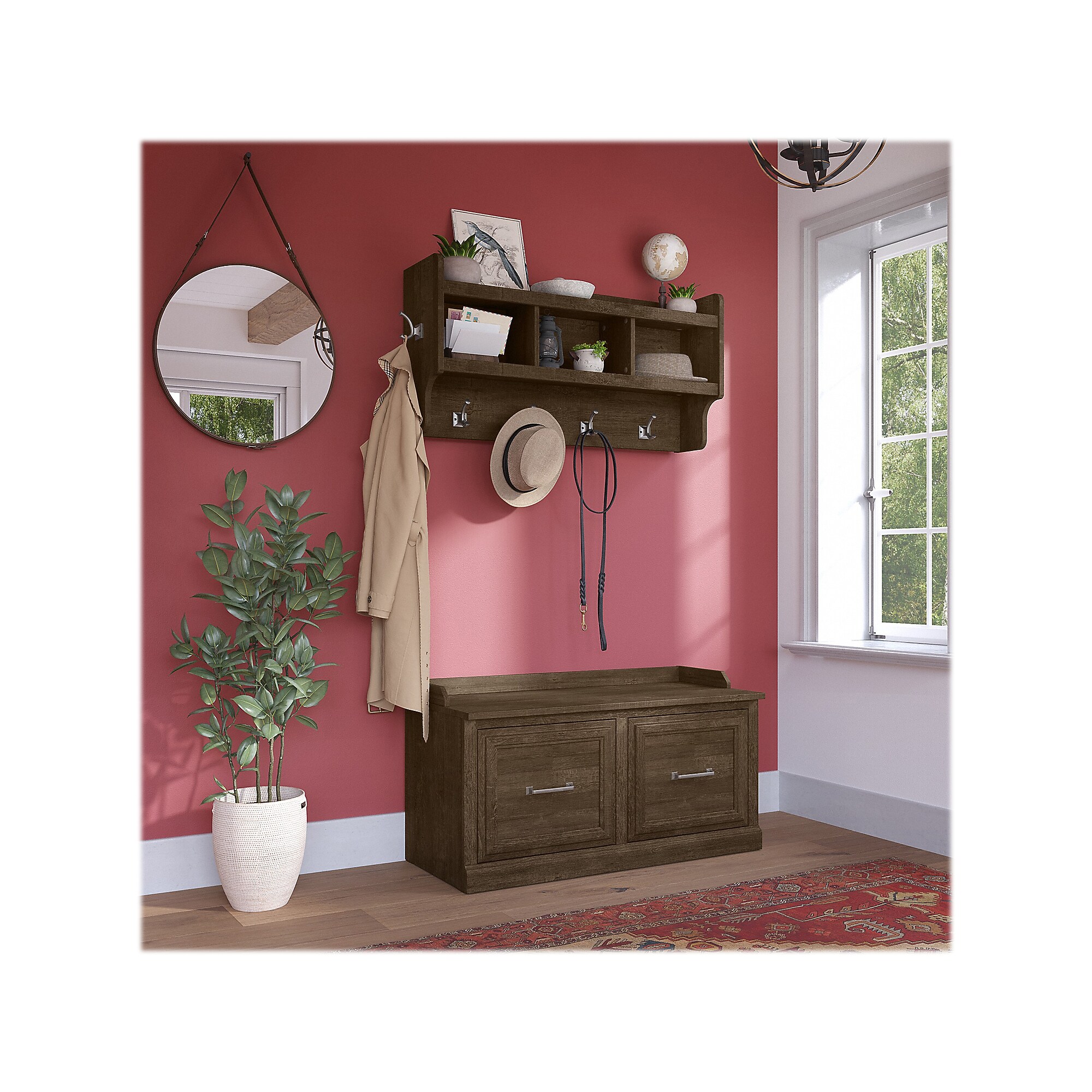 Bush Furniture Woodland 40W Shoe Storage Bench with Doors and Wall Mounted Coat Rack, Ash Brown (WDL003ABR) Sansujyuku sansujyuku.com
