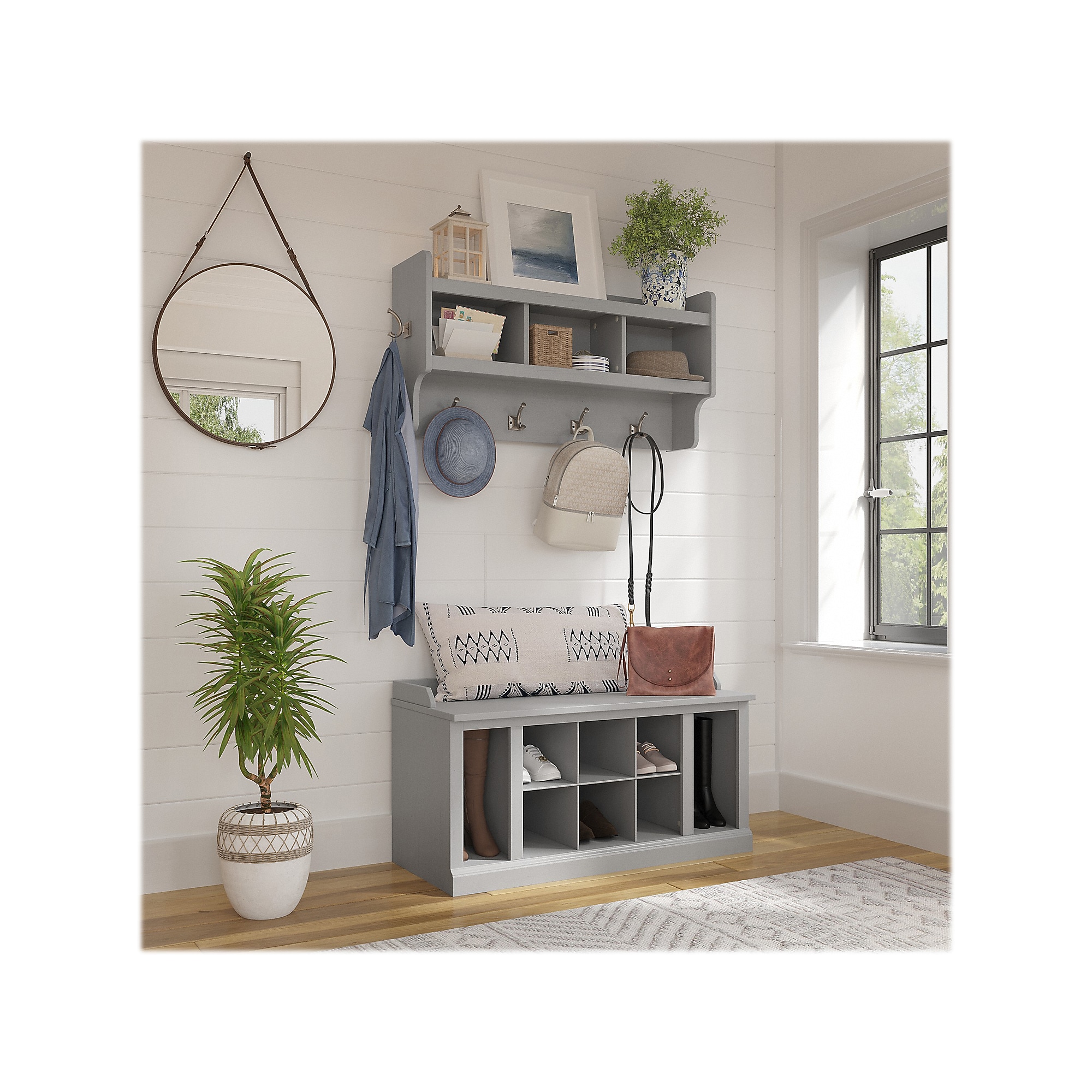 Bush Furniture Woodland 40W Shoe Storage Bench with Shelves and Wall Mounted Coat Rack, Cape Cod Gray (WDL004CG) Sansujyuku sansujyuku.com