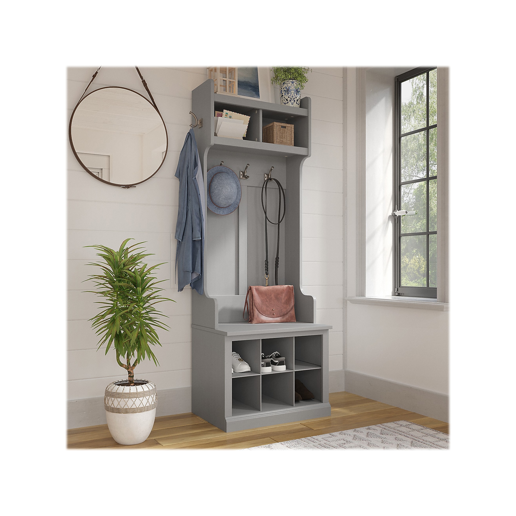 Bush Furniture Woodland 24W Hall Tree and Small Shoe Bench with Shelves, Cape Cod Gray (WDL008CG) Sansujyuku sansujyuku.com