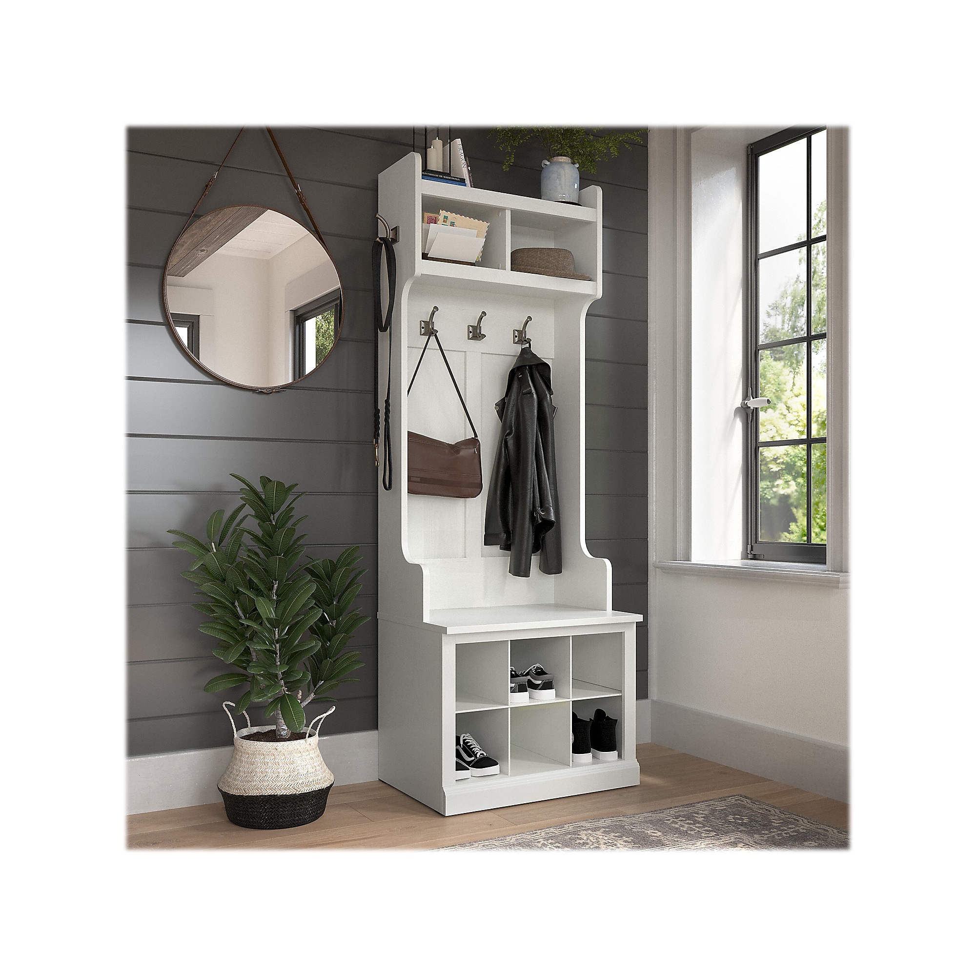Bush Furniture Woodland 24W Hall Tree and Small Shoe Bench with Shelves, White Ash (WDL008WAS) Sansujyuku sansujyuku.com