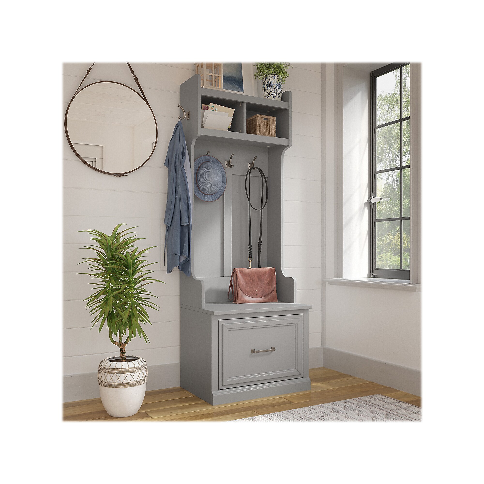 Bush Furniture Woodland 24W Hall Tree and Small Shoe Bench with Drawer, Cape Cod Gray (WDL007CG) Sansujyuku sansujyuku.com