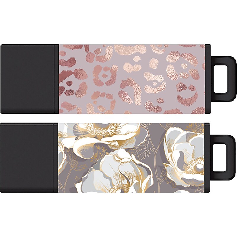 Centon Datastick Pro2 32GB USB 2.0 Type A Flash Drive, Rose Gold Leopard/Gold Anemone Flowers, 2/Pack (S1-U2T060-32G-2) image 1