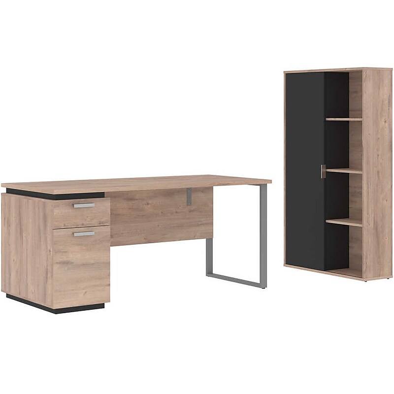 Bestar Aquarius 66" Computer Desk with Single Pedestal and Storage Cabinet, Rustic Brown/Graphite (114850-000009) image 1