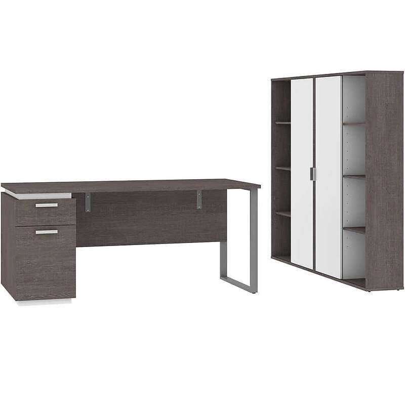 Bestar Aquarius 66" Computer Desk with Single Pedestal and 2 Storage Cabinets, Bark Grey/White (114851-000047) image 1