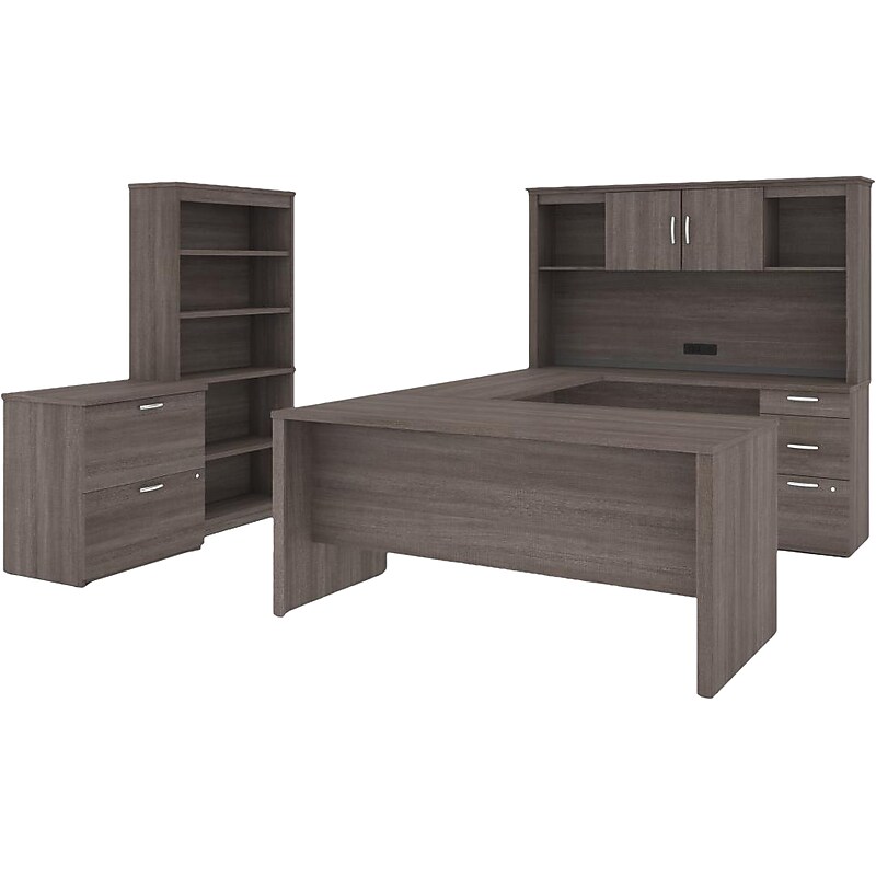 Bestar Logan 66" U-Shaped Executive Desk with Hutch, Lateral File Cabinet, and Bookcase, Bark Grey (46851-47) image 1