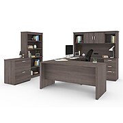 bestar Logan 96" U-Shaped Executive Desk with Hutch, Lateral File Cabinet, and Bookcase, Bark Gray (46851-47)