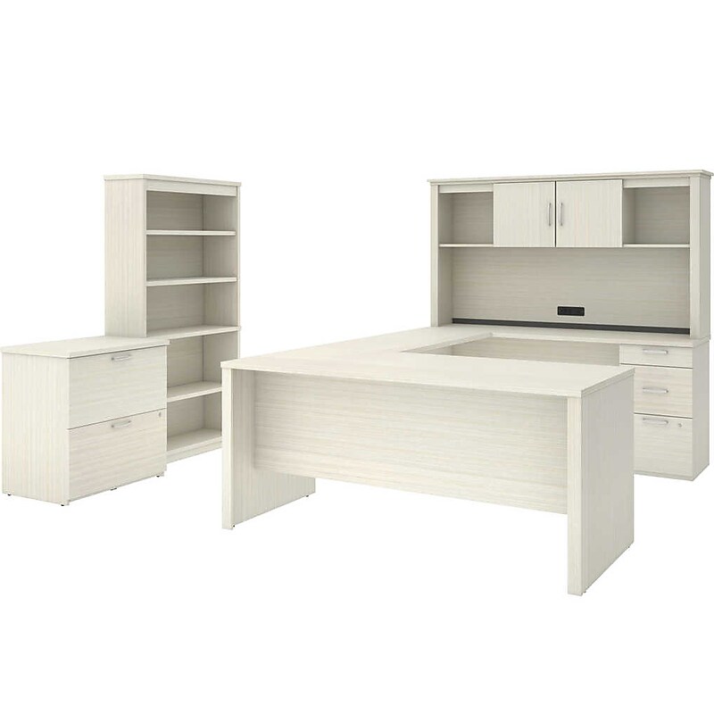 Bestar Logan 66" U-Shaped Executive Desk with Hutch, Lateral File Cabinet, and Bookcase, White Chocolate (46851-31) image 1