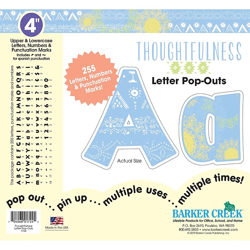 Barker Creek Thoughtfulness  4" Letters and Numbers, Multicolored, 255/Pack (BC1724) image 1
