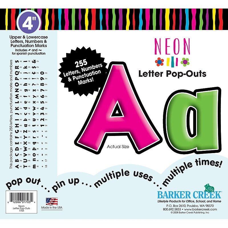 Barker Creek Neon  4" Letters and Numbers, Multicolored, 255/Pack (LL1703) image 1