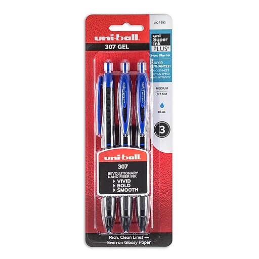 Uniball 307 Retractable Gel Pen, Medium Point, Blue Ink, 3/Pack