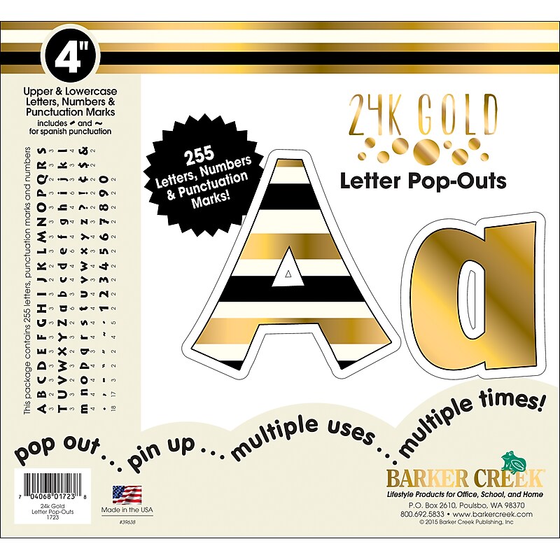 Barker Creek Gold  4" Letters and Numbers, Multicolored, 255/Pack (LL1723) image 1