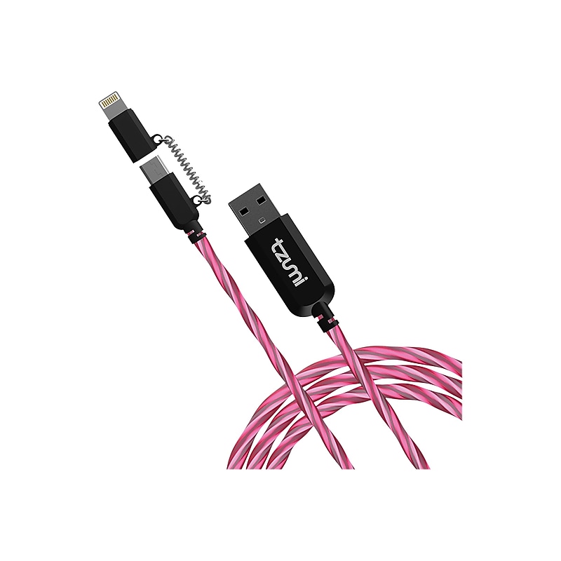 Tzumi 3.4′ USB-A to Micro-USB/Lightning Charging Cable, Male to Male, Black/Pink (5778ST) image 1