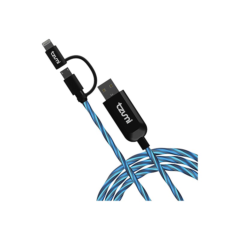 Tzumi 3.4′ USB-A to Micro-USB/Lightning Charging Cable, Male to Male, Blue/Black (5779ST) image 1