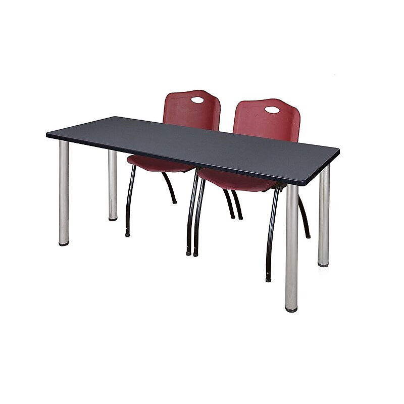Regency 66"L x 24"W Kee Training Table- Grey/ Chrome & 2 'M' Stack Chairs- Burgundy (MT6624GYPCM47BY) image 1
