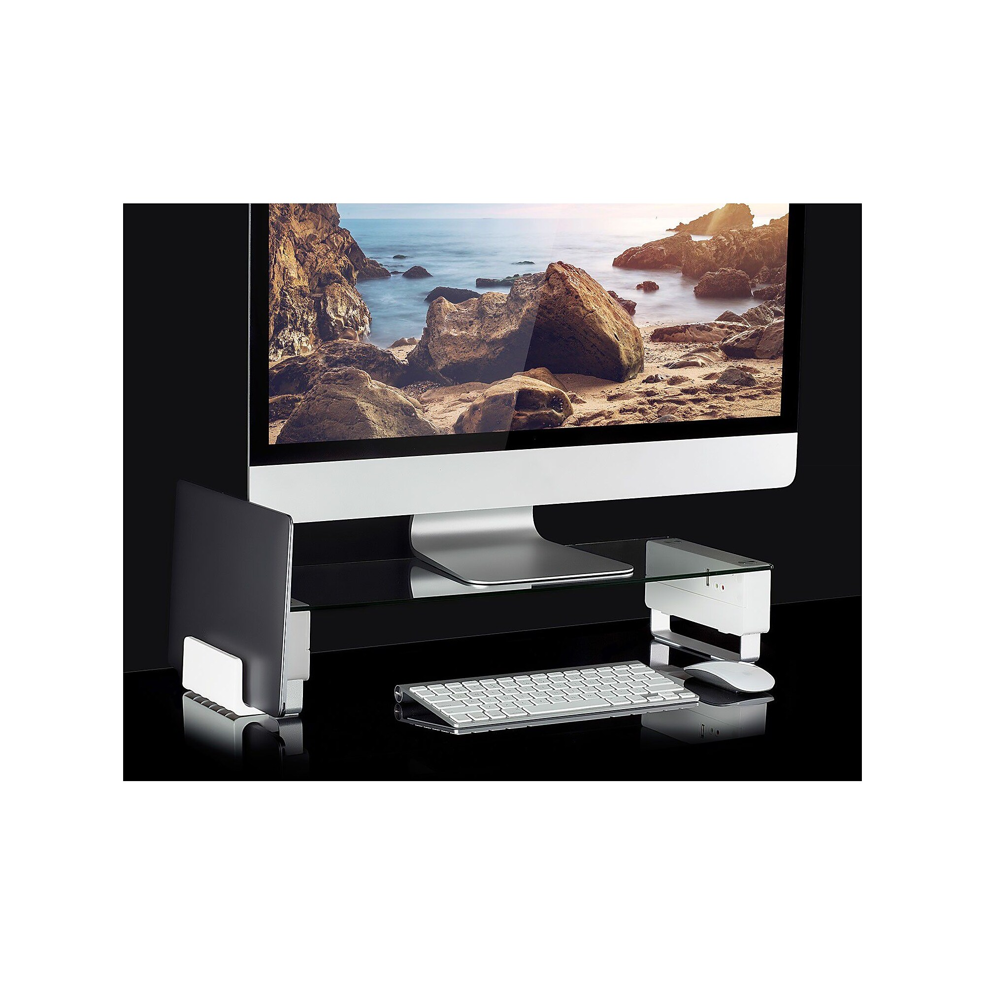 Mount-It! Tempered Glass Height Adjustable Monitor Riser With 3 USB Ports, Up to 32″,  (MI-7265) Sansujyuku sansujyuku.com