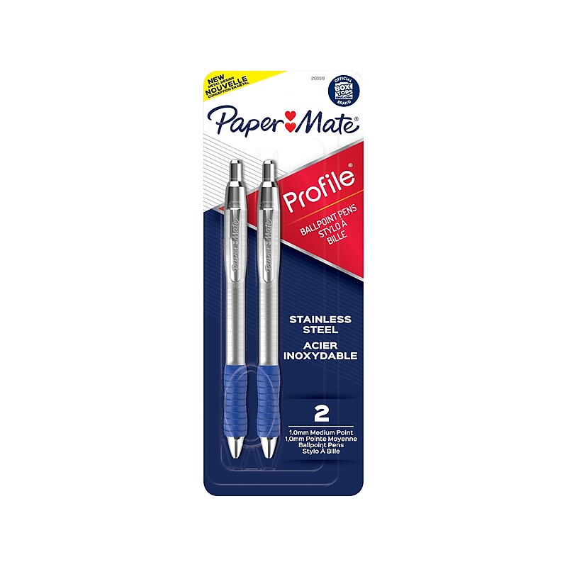 Paper Mate Profile Metal Barrel Retractable Ballpoint Pen, Medium Point, Blue Ink, 2/Pack (2130519) image 1