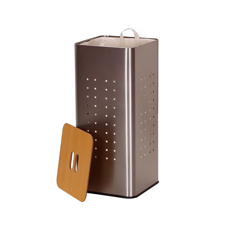 Household Essentials Square Metal Laundry Hamper With Wood Lid, Stainless Steel (7080-1) image 1
