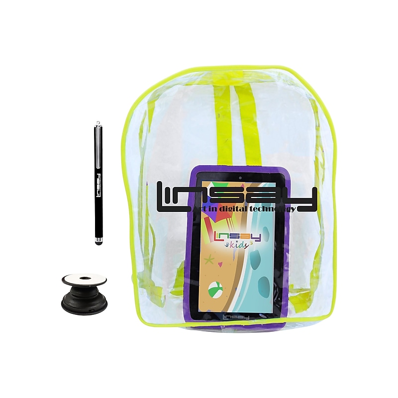 Linsay 7" Tablet with Holder, Pen, Case, and Backpack, WiFi, 2GB RAM, 32GB Storage, Android 12, Black/Purple (F7UHDKIDSBAGPP) image 1