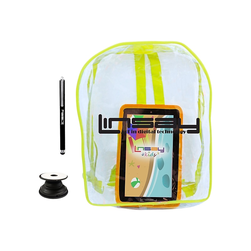 Linsay 7" Tablet with Holder, Pen, Case, and Backpack, WiFi, 2GB RAM, 32GB Storage, Android 12, Black/Orange (F7UHDKIDSBAGOP) image 1