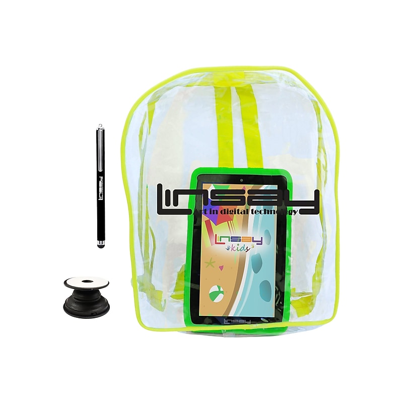 Linsay 7" Tablet with Holder, Pen, Case, and Backpack, WiFi, 2GB RAM, 32GB Storage, Android 12, Black/Green (F7UHDKIDSBAGGP) image 1