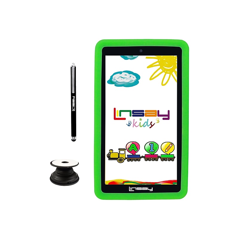Linsay 7" Tablet with Pop-Up Holder, Stylus & Green Kids' Defender Case, WiFi, 2GB RAM, 64GB, Android 13 (F7UHDKIDSGREENP) image 1