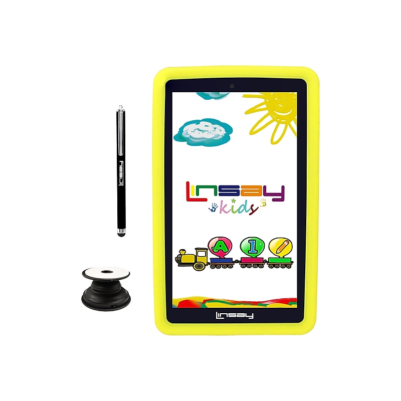 Linsay 7" Tablet with Pop-Up Holder, Stylus & Yellow Kids' Defender Case, WiFi, 2GB RAM, 64GB Storage, Android 13 (F7UHDKIDSP) image 1