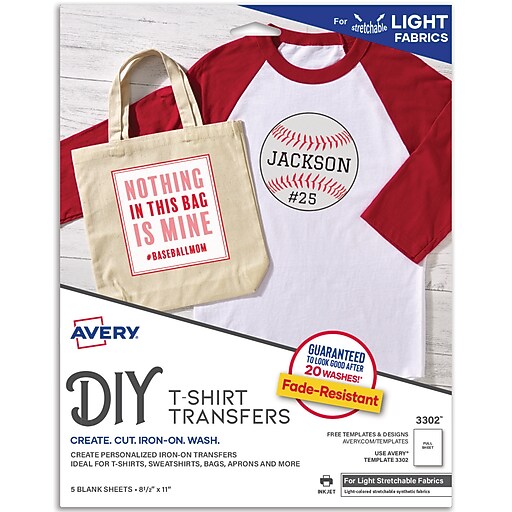 Avery Stretchable Heat Transfers for Light Fabrics, Inkjet, 8.5" x 11 ...