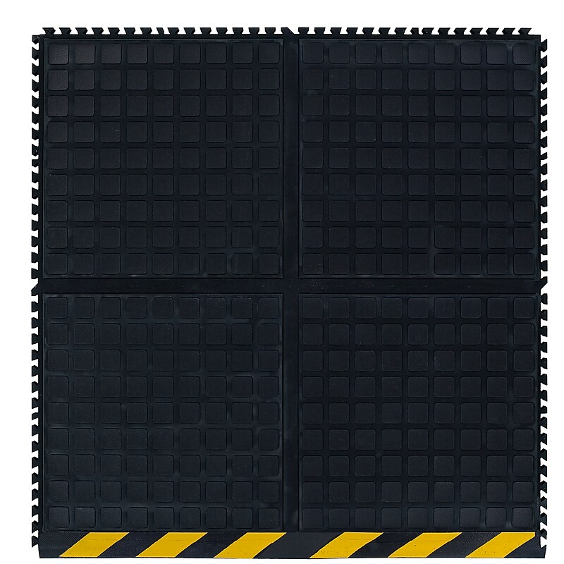 M + A Matting Hog Heaven 36" Modular Tile Anti-Fatigue Mat, 3' x 3.32', Black with Yellow Striped Border, Side (447204100) image 1