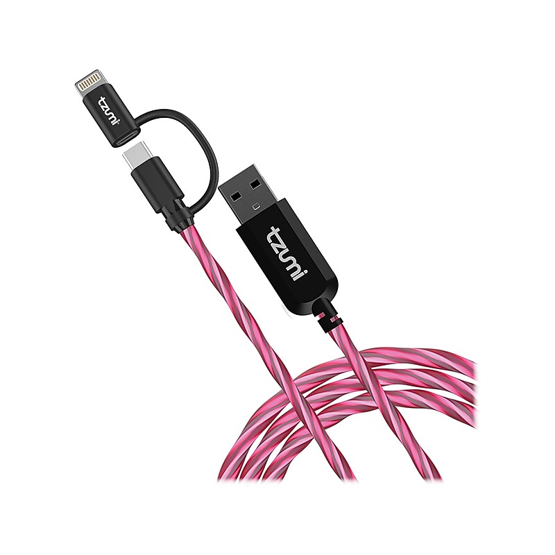 Tzumi 3.2' USB A to USB C/Lightning Charging Cable, Male to Male, Black/Pink (8101ST) image 1