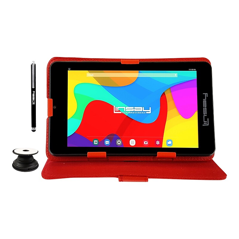 Linsay 7" Tablet with Pop-Up Holder, Stylus & Red Leather Case, WiFi, 2GB RAM, 64GB Storage, Android 13 (F7UHDCRP) image 1