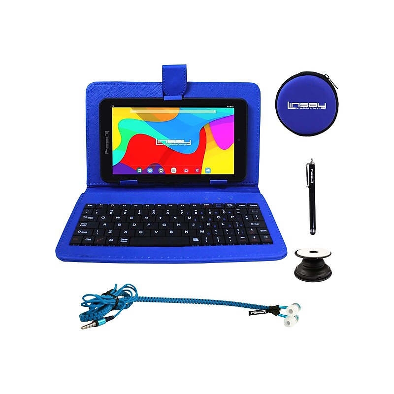 Linsay 7" Tablet with Pop-Up Holder, Stylus, Earphones, Blue Leather Case, WiFi, 2GB RAM, 64GB Storage, Android 13 (F7UHDBKBP) image 1