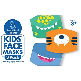 Educational Insights Reusable Face Masks, Kids, Dinosaur/Tiger/Shark, 3/Pack (8952)