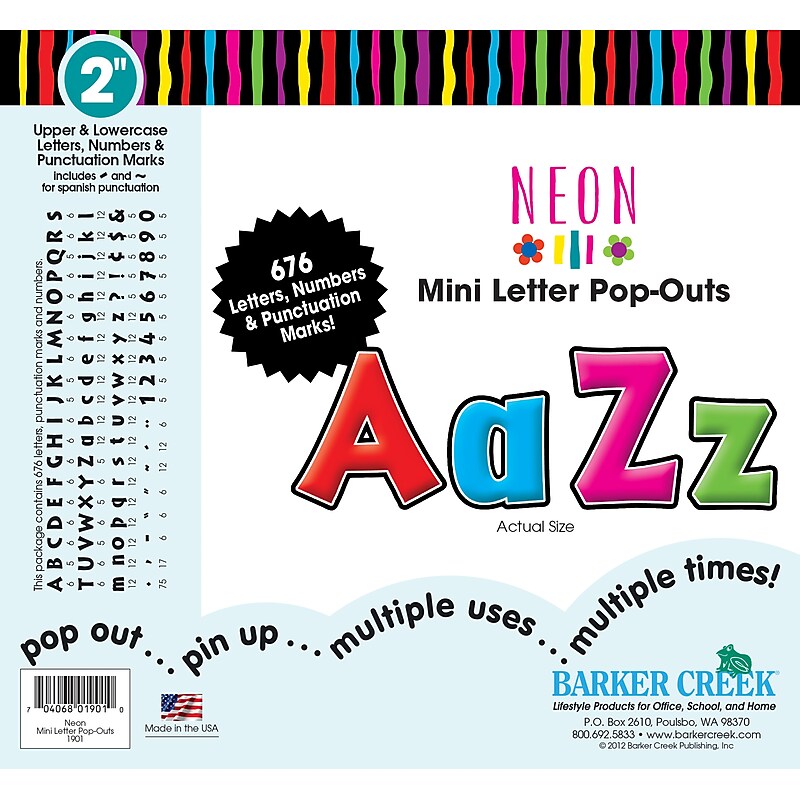 Barker Creek Neon  2" Letters and Numbers, Multicolored, 676/Pack (LL1901) image 1