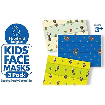Educaitonal Insights Sneaky, Snacky Squirrel Reusable Cloth Face Mask, Kids, White/Blue/Yellow, 3/Pack (8950)
