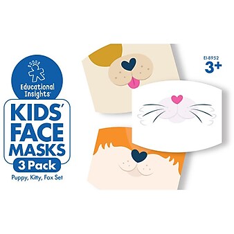 Educational Insights Reusable Face Mask, Kids, Puppy/Kitty/Fox, 3/Pack (8952)