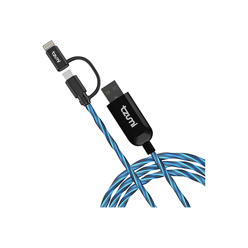 Tzumi 3.2' USB A to USB C/Lightning Charging Cable, Male to Male, Black/Blue (8102ST) image 1