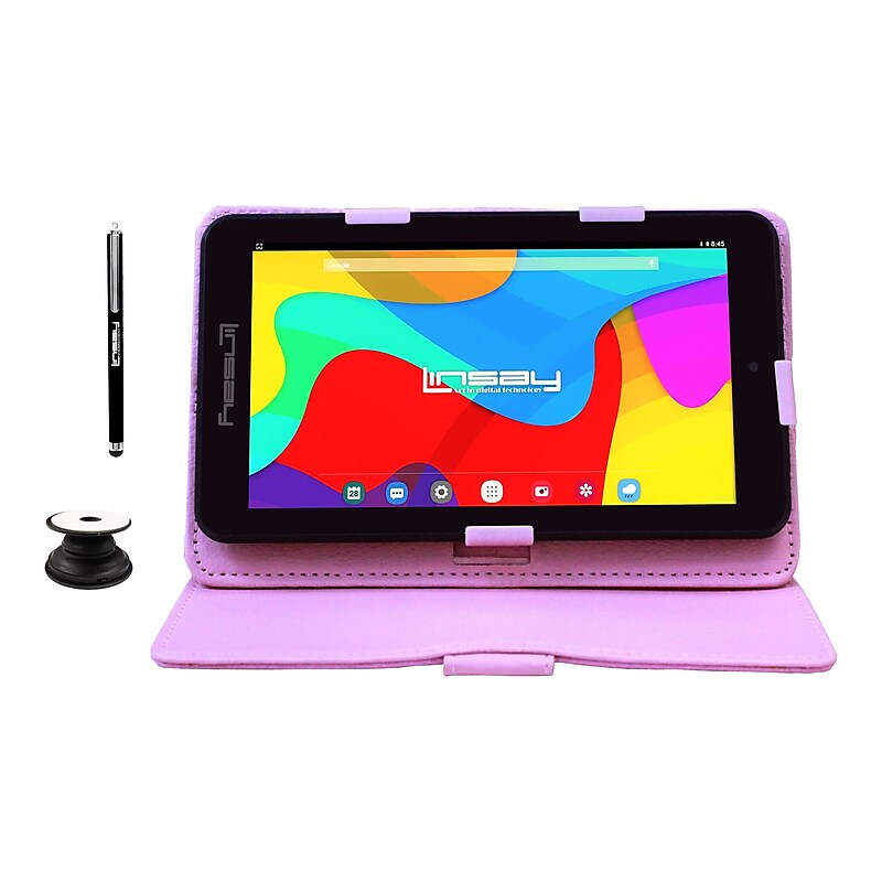 Linsay 7" Tablet with Pop-Up Holder, Stylus & Pink Leather Case, WiFi, 2GB RAM, 64GB Storage, Android 13 (F7UHDBCLPINKP) image 1