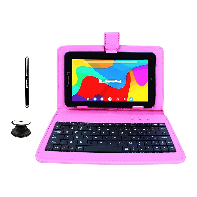 Linsay 7" Tablet with Pop-Up Holder, Stylus & Pink Leather Case, , WiFi, 2GB RAM, 64GB Storage, Android 13 (F7UHDBKSPINKP) image 1