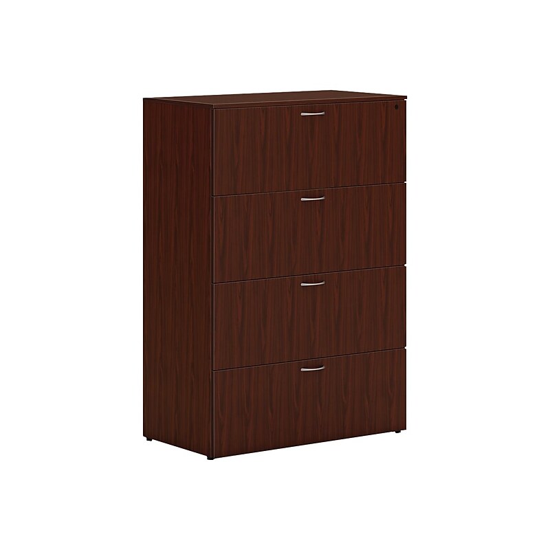 HON Mod 4-Drawer Lateral File Cabinet, Locking, Letter/Legal, Traditional Mahogany, 36" (HLPLLF3620L4.LTM1) image 1