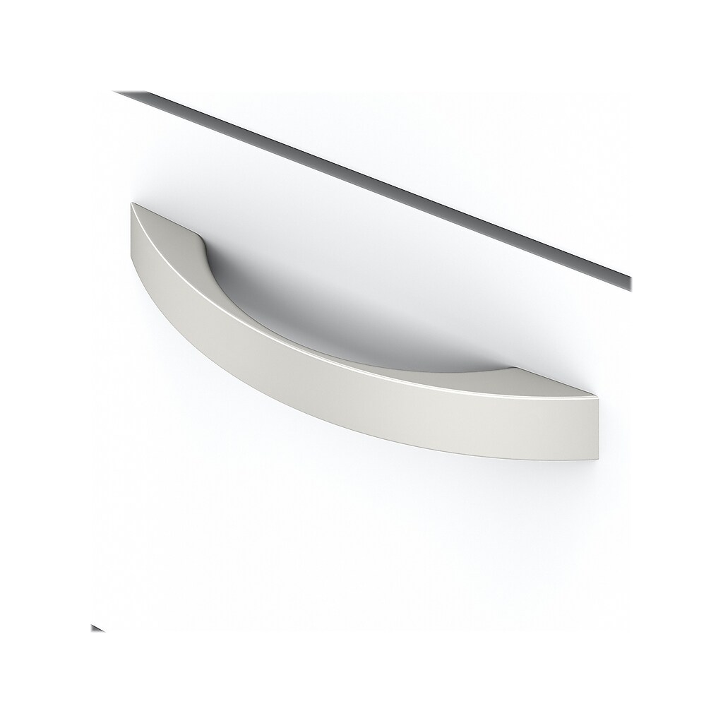 Curved door handle on white cabinet