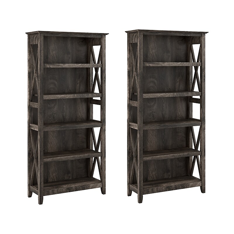 Bush Furniture Key West 66"H 5-Shelf Bookcase with Adjustable Shelves, Dark Gray Hickory Wood, 2/Set (KWS046GH) image 1