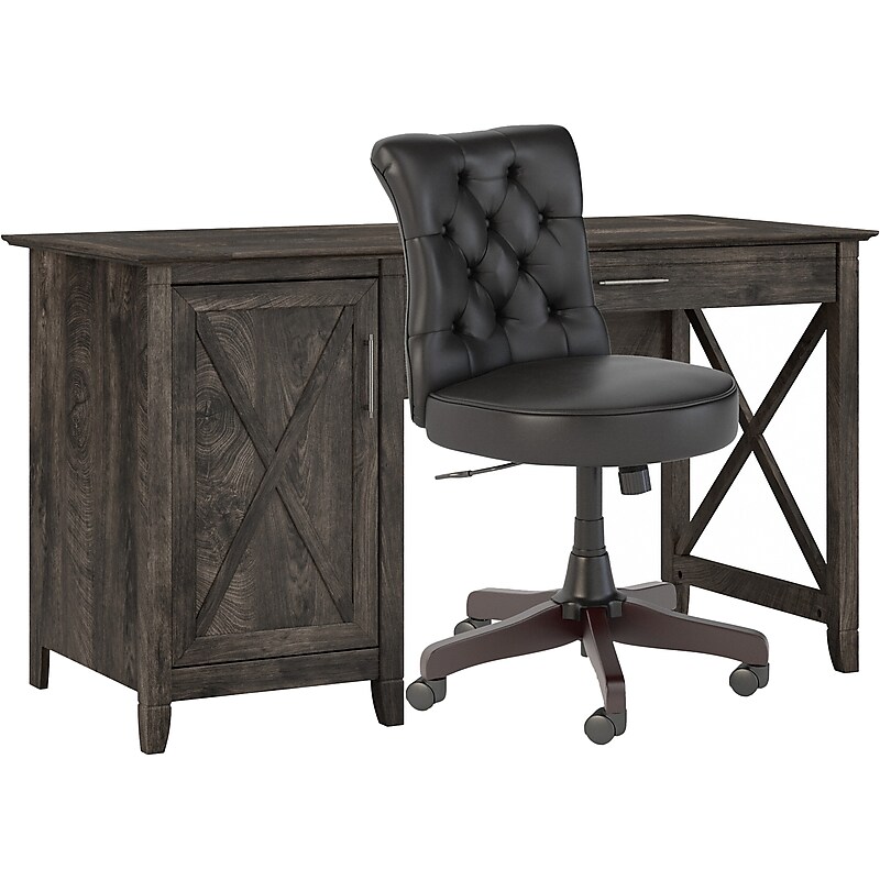 Bush Furniture Key West 54"W Computer Desk with Storage and Mid-Back Tufted Office Chair, Dark Gray Hickory (KWS020GH) image 1