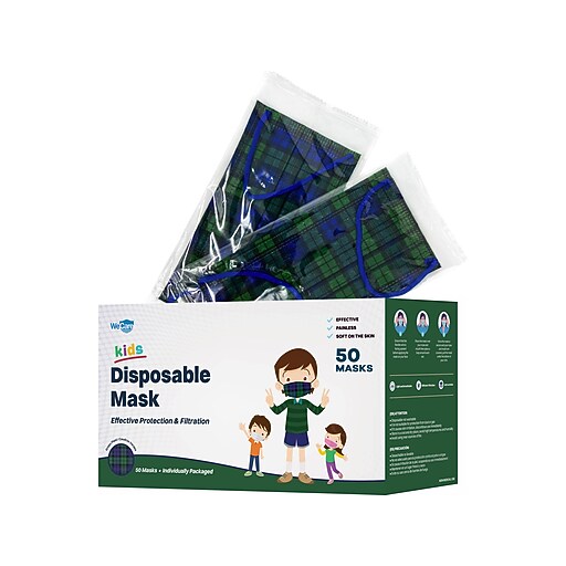 WeCare 3ply Disposable Face Mask, Kids, Green Plaid, 50/Box (WMN100049
